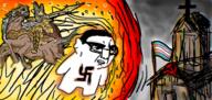 animal armor art church communism cross drawing fire flag:transgender_pride_flag hammer_and_sickle holding_object holding_spear horse horseback_riding idk_who's_on_that_horse spear swastika tranny variant:chudjak wing // 1416x672 // 1.1MB