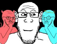 3soyjaks angel animated arm blue_skin closed_eyes closed_mouth demon ear glasses halo hand horn neutral red_skin smile smug soyjak stubble subvariant:neutralplier tail variant:markiplier_soyjak variant:soyak whisper yellow_eyes // 878x670 // 252.6KB