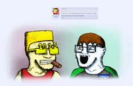 2soyjaks art blue_eyes brown_hair cigar clothes drawfag drawing drawn_background ear feralteen glasses hair name_tag namefags open_mouth pupils red_shirt request sean shemmy shemmycuck soygem_party stubble sunglasses variant:soyak yellow_hair // 2406x1566 // 2.4MB