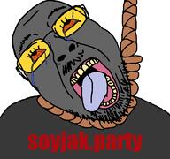 bloodshot_eyes crying glasses hanging mustache open_mouth rope soot soot_colors soyjak soyjak_party stubble suicide tongue variant:bernd variant:gapejak yellow_teeth // 768x719 // 33.1KB