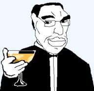 alcohol clothes ear glass glasses hair hand holding_object smile smirk smug soyjak tuxedo variant:chudjak wine wine_glass // 289x280 // 9.6KB