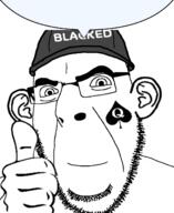 bbc blacked cap closed_mouth clothes ear glasses hand hat queen_of_spades smile soyjak speech_bubble_empty stubble subvariant:spadeson tattoo thumbs_up variant:cobson // 1086x1325 // 312.4KB