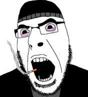 beanie cigarette clothes doomer glasses hat open_mouth smoke soyjak stubble tired variant:cobson // 721x789 // 41.5KB