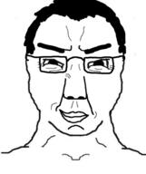 glasses hair looking_at_you smile smug soyjak subvariant:chuddy variant:chudjak // 490x586 // 122.2KB