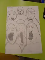 6_soyjaks drawfag drawing glasses irl irl_photo open_mouth paper stubble tagme_character_name text tranny_artstyle variant:a24_slowburn_soyjak variant:feraljak variant:gapejak variant:markiplier_soyjak variant:soyak variant:tony_soprano_soyjak // 3000x4000 // 2.2MB