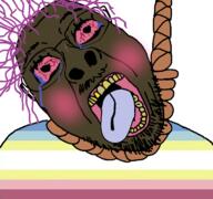 ack blush brown_skin brown_troonjak flag:minor_attracted_person glasses hanging map_(pedophile) mustache open_mouth pedophile purple_hair rope slopjak stubble tongue tranny variant:bernd yellow_teeth // 768x719 // 300.6KB