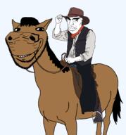 2soyjaks animal closed_mouth clothes cowboy cowboy_hat ear full_body glasses hair hat horse horseback_riding large_nose leather smile soyjak stubble subvariant:impish_horse variant:chudjak variant:impish_soyak_ears vest // 1468x1579 // 144.9KB