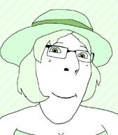 bianca closed_mouth clothes crystal_cafe female femjak glasses green_eyes green_hair hair hat smile smirk soyjak subvariant:female_cobson variant:cobson // 962x1094 // 100.0KB