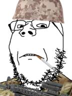 camouflage cigarette clothes combat_helmet firearm glasses hat helmet military military_uniform multicam smoking soldier soyjak stubble variant:gapejak weapon // 600x800 // 333.4KB