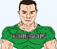 arm brown_hair buff closed_mouth clothes ear green_eyes green_shirt hair no_glasses subvariant:chudjak_front subvariant:muscular_chud tobuscus tshirt variant:chudjak vein white_skin // 1059x929 // 159.8KB