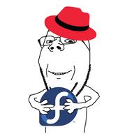 GNULinux arm closed_mouth fedora fedora_linux glasses hand holding_object logo red_hat_(company) smile soyjak stubble subvariant:wholesome_soyjak variant:gapejak // 4096x4096 // 606.9KB