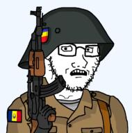 clothes combat_helmet country firearm flag glasses gun hand hat helmet holding_gun holding_object holding_rifle military_uniform rifle romania scared soyjak stubble subvariant:soyak_(concerned) variant:soyak weapon // 1062x1073 // 68.7KB