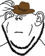 animated closed_eyes closed_mouth clothes cowboy_hat ear hand hat soyjak stubble variant:impish_soyak_ears // 479x600 // 268.2KB