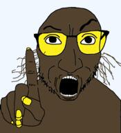 bald beard big_nose brown_skin eyebrows finger glasses open_mouth pointing root soyjak teeth variant:actuallyjak // 2500x2736 // 236.3KB