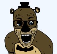 animatronic bear blue_eyes bowtie clothes ear five_nights_at_freddy's five_nights_at_freddy's_1 freddy_fazbear glasses hat horror open_mouth soyjak stubble top_hat variant:el_perro_rabioso video_game // 427x400 // 38.4KB
