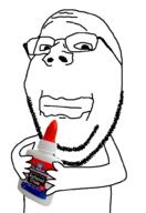 arm closed_mouth glasses glue hand holding_object neutral soyjak stubble subvariant:wholesome_soyjak variant:gapejak // 676x983 // 95.5KB
