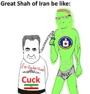 a10_eyes aryan blue_eyes buff central_intelligence_agency chain chest_hair cleft_chin closed_mouth clothes cuck ear flag flag:iran flag:iran_(1964) glasses glowing grey_hair hair holding_object imminent_rape iran leash looking_at_you mohammad_reza_zahedi nipple smile soyjak stubble subvariant:nucob text underpants variant:cobson white_background yellow_hair // 662x695 // 63.2KB