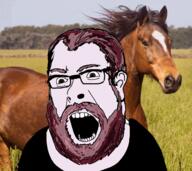 animated beard bestiality black_shirt brown_hair closed_mouth clothes ear fat glasses hair horse implied_rape implied_sex irl_background open_mouth soyjak tshirt variant:cobson vaush white_skin zoophile // 600x534 // 857.6KB