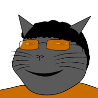 animal approver black_hair brazilian_chud_(user) cat cat_ear grey_skin meta:self_insert orange_glasses orange_shirt sloptranwnbag_(namefag) smile subvariant:massmeowjak variant:gapejak // 1200x1200 // 15.5KB