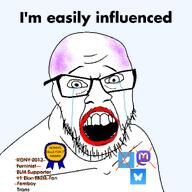 2012 award balding beard bluesky crying elon_musk glasses joseph_kony kony_2012 lipstick mastodon open_mouth pink_hair shaved stubble text transparent_background twitter variant:feraljak // 1500x1500 // 362.1KB