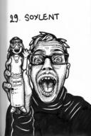 2soyjaks artist:gemmy_nutz clothes female full_body glasses hair holding_object holding_soyjak open_mouth text variant:punkjak variant:soytan // 1370x2048 // 1.5MB