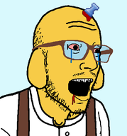 bald blood blood_from_mouth blue_background broken_teeth crying dog ear glasses gore janny mouth_open mustache open_mouth overalls pinned_post soyjak sticky stubble tear tinted_glasses variant:esam white_shirt wrinkles yellow_skin // 443x474 // 15.1KB