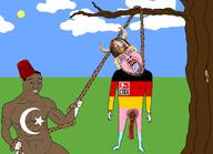 2soyjaks ack blood bloodshot_eyes blue_eyes brown_skin buff closed_mouth clothes cloud crying drawn_background fez flag flag:germany full_body germany glasses hair hanging hat helmet holding_object holding_rope horned_helmet islam lynching meta:pornographic_content mustache neovagina open_mouth rope smile soyjak stubble sun tongue tranny tree variant:bernd variant:chudjak yellow_hair yellow_teeth // 2942x2126 // 1011.4KB