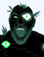 black_skin broken ear glasses glowing_eyes green_eyebrows green_eyes green_stubble open_mouth soyjak stubble variant:cirrus // 800x1024 // 90.1KB