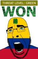ahegao colombia country emerald flag flag:colombia gem glasses green green_eyes hair looking_up open_mouth schlog_color_event soyjak soyjak_blog stubble teeth text threat_level_green variant:cobson won // 721x1115 // 138.4KB