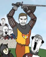 armor blue_eyes chainmail closed_eyes closed_mouth clothes crying ear hair helmet holding_object kingdom_come_deliverance meta:tagme moustache open_eyes open_mouth pointing red_eyes shield stubble subvariant:chudjak_front sword variant:chudjak variant:gapejak variant:soyak video_game // 1952x2400 // 3.8MB