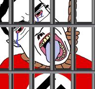 bloodshot_eyes clothes crying ear glasses hair hanging jail mustache open_mouth rope soyjak subvariant:chudjak_front suicide swastika tongue variant:chudjak yellow_teeth // 768x719 // 237.0KB