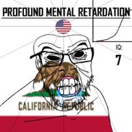 angry animal bald bear black_eyes black_hole black_sclera california clenched_teeth closed_mouth cracked_teeth drool ear flag flag:california flag:united_states glasses hair iq iq_bell_curve mustache nightmare_fuel no_pupils profound_mental_retardation retard soyjak star_(symbol) state stubble text united_states variant:feraljak wrinkles // 1024x1024 // 168.5KB