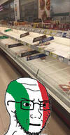 bottle closed_mouth concerned flag food frown glasses hamburger irl_background italy ketchup meat soyjak store stubble subvariant:soyak_(irritated) variant:soyak // 591x1134 // 198.8KB