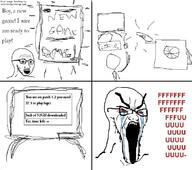 bloodshot_eyes comic crying deformed glasses large_eyebrows rage_comic soyjak stretched_mouth stubble text variant:soyak video_game // 696x618 // 222.4KB