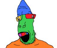 colorful glasses open_mouth soyjak stubble teeth variant:parrotjak // 682x576 // 12.5KB