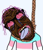 bloodshot_eyes brown_skin dead glasses hanging open_mouth rope stubble teeth tongue tranny transgender_flag variant:rickjak // 895x1043 // 64.3KB