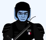 antenna balaclava brown_eyes buff bulletproof_vest closed_mouth country face_shield flag flag:france france gendarmerie glasses helmet muscles police police_baton police_uniform radio soyjak subvariant:chudjak_front subvariant:muscular_chud text variant:chudjak // 1179x1034 // 27.5KB