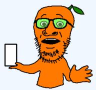eyebrows froot glasses green_glasses holding_object holding_phone leaf looking_at_you open_mouth orange_skin stem stubble variant:huippee variant:unknown // 257x241 // 3.8KB