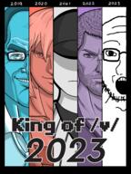 2019 2020 2021 2022 2023 closed_mouth glasses hair king_of_v open_mouth smile soyjak stubble subvariant:soyak_front2 text v_(4chan) variant:soyak video_game // 2400x3200 // 1.9MB