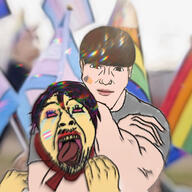 ack anime attack_on_titan bloodshot_eyes brown_eyes chad closed_mouth ear eyelashes floch_forster hair mikasa_ackerman mustache open_mouth pride_flag soyjak stubble the_weak_should_fear_the_strong tongue tranny variant:bernd white_skin yeagerbomb yellow_teeth // 2828x2828 // 955.9KB