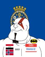 Warrior-Z(user) afghanistan animal arabic_text aryan batman batman_(series) beard blue_eyes buff closed_mouth county flag flag:iraq flag:norway flag:oslo flag:taliban goatee god_of_war hair hello_my_name_is_(sticker) holding_object iraq kratos lion norway norwegian_text oslo shahada smile soyjak star subvariant:mexiaryan taliban text variant:meximutt video_game // 886x1120 // 184.4KB