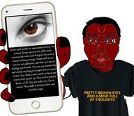 arm brown_eyes closed_mouth clothes glasses hair hand holding_object holding_phone merge phone red_skin smile soyjak subvariant:chudjak_front text tshirt variant:chudjak // 1729x1508 // 411.5KB