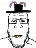 animal_ears buck_teeth carrot closed_mouth clothes ear eyelids food glasses hat neutral rabbit_ears soyjak stubble subvariant:neutralplier variant:markiplier_soyjak // 600x800 // 94.0KB