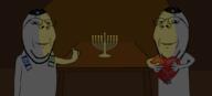 2soyjaks candle clothes drawn_background glasses hanukkah happy hat heart holding_heart holding_object israel judaism kippah necklace ominous scarf smile soyjak star_of_david stubble subvariant:wholesome_soyjak table thumbs_up variant:gapejak // 1100x500 // 101.4KB