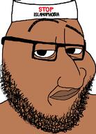 beard brown_skin closed_mouth glasses islam looking_at_you raised_eyebrow smug soyjak taqiyah text variant:smugjak // 554x772 // 42.2KB