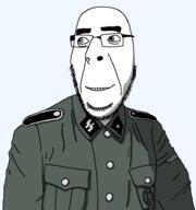 bald closed_mouth clothes collar_tabs collared_shirt epaulettes glasses green_shirt happy infantry_assault_badge looking_to_the_left medal military military_uniform nazism schutzstaffel smile soyjak stubble thick_eyebrows transparent_background uniform variant:cobson world_war_2 // 890x950 // 35.9KB