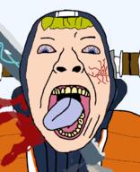 apex_legends blood bloodshot_eyes blue_eyes clothes decapitation hair open_mouth soyjak sword tongue tranny variant:bernd video_game white_skin yellow_hair yellow_teeth // 607x746 // 163.5KB