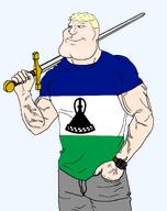 arm aryan blond blue_eyes clothes country flag grey_pants hair hand holding_object holding_sword lesotho mokorotlo muscles muscular_male soyjak subvariant:mexiaryan sword transparent_background variant:meximutt white_skin yellow_hair // 1514x1910 // 147.1KB