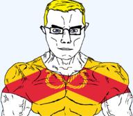arm aryan blue_eyes british buff closed_mouth clothes ear england eyes_like_the_o-o-cean flag flag:staffordshire glasses hair rope soyjak staffordshire subvariant:chudjak_front subvariant:muscular_chud tshirt united_kingdom variant:chudjak vein yellow_hair // 1059x929 // 111.3KB