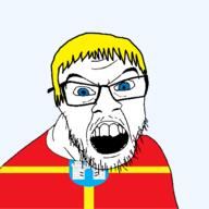 blue_eyes castle clothes country flag flag:zhytomyr_oblast glasses hair mustache oblast open_mouth soyjak stubble teeth transparent transparent_background ukraine variant:feraljak yellow_hair zhytomyr_oblast // 1500x1500 // 54.4KB